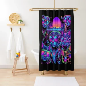 synthwave cool cats and dogs retro 80s neon pets shower curtain